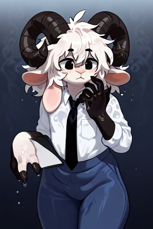 Goat, sheep horns, girly body, white fur, long snout, horizontal eyes, long Messy hair, finger chubby, black paws, big legs, big hands, female, solo, detailed Background, Dynamic light, wet, perfect hands, Office suit, tie, white shirt, blue pants,