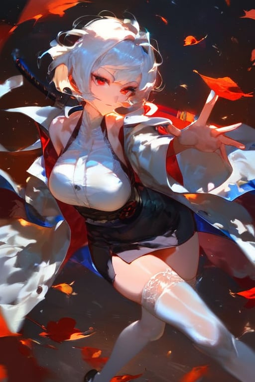 (score_9,score_8_up,score_7_up),best quality, expressive eyes, perfect face, girl with short white hair and red eyes, wearing a white cardigan, jacket under her shoulders, black office skirt, fashion eyelashes, sword

Standing, combat pose, beautiful eyelashes, red leaves around, samurai position, long sleeves, halterneck, white dress, white thighhighs