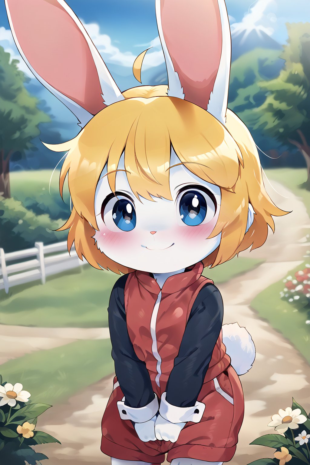 a cute little girl which is a yellow bunny with short blonde hair blue eyes, smiling, loli, bunny nose, (bunny tail:1,5), outdoors, (best quality:1,5), (masterpiece:1,5), art_by_dagasi:1, clothed, (white fur:1,5)