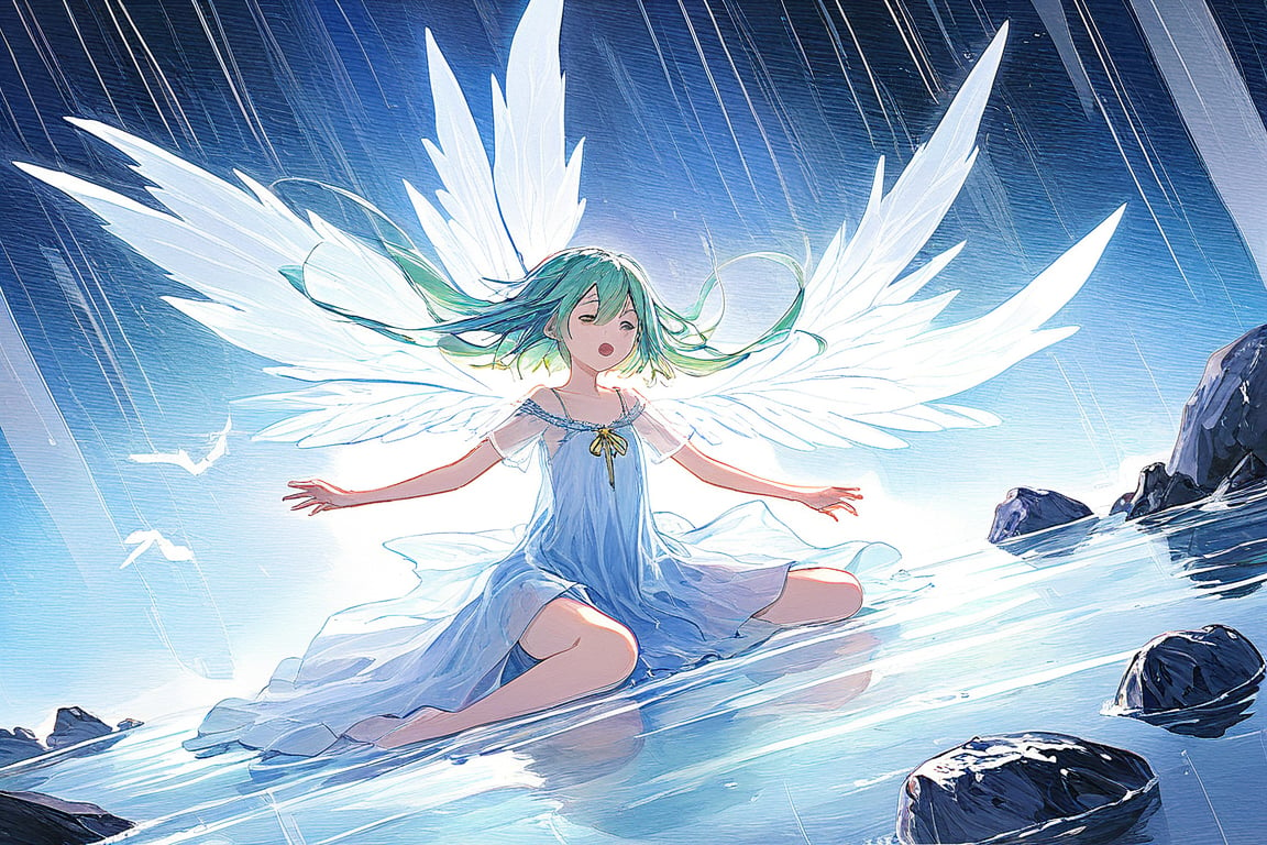 1girl, fairy wings, hair over eyes, extra long hair, straight hair, green hair, female, Bell, miko clothing, flat chest, pale skin, expresionless, 
Dancing, dancing, No expression , eyes closed, 
Duo
Blue dress, wings, flower, 1girl, water, rock, sitting, rain, dark_skin, short_hair, blue_hair, fairy, outdoors, blue_eyes, open_mouth, short_sleeves, blue_dress, collarbone, ice_wings
