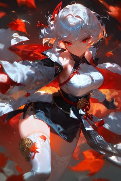 (score_9,score_8_up,score_7_up),best quality, expressive eyes, perfect face, girl with short white hair and red eyes, wearing a white cardigan, jacket under her shoulders, black office skirt, fashion eyelashes, sword

Standing, combat pose, beautiful eyelashes, red leaves around, samurai position, long sleeves, halterneck, white dress, white thighhighs