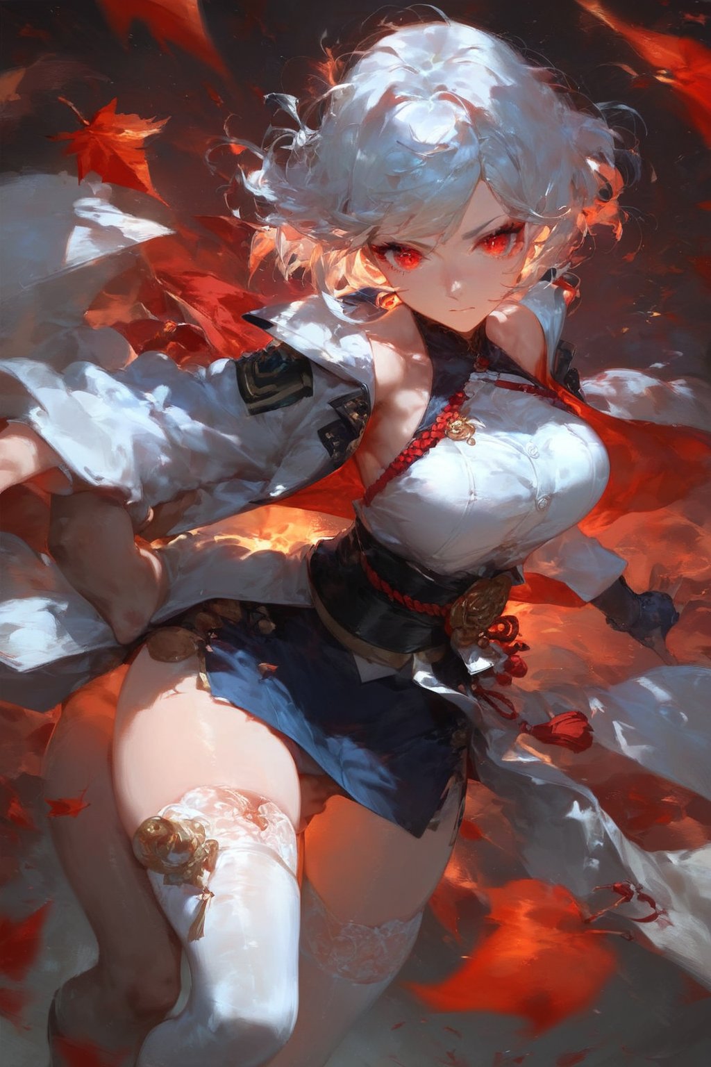 (score_9,score_8_up,score_7_up),best quality, expressive eyes, perfect face, girl with short white hair and red eyes, wearing a white cardigan, jacket under her shoulders, black office skirt, fashion eyelashes, sword

Standing, combat pose, beautiful eyelashes, red leaves around, samurai position, long sleeves, halterneck, white dress, white thighhighs