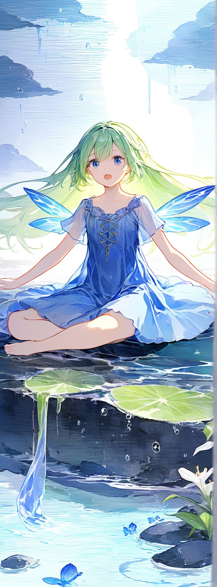 1girl, fairy wings, hair over eyes, extra long hair, straight hair, green hair, female, Bell, miko clothing, flat chest, pale skin, expresionless, 
Dancing, dancing, No expression , eyes closed, 
Duo
Blue dress, wings, flower, 1girl, water, rock, sitting, rain, dark_skin, short_hair, blue_hair, fairy, outdoors, blue_eyes, open_mouth, short_sleeves, blue_dress, collarbone, ice_wings
