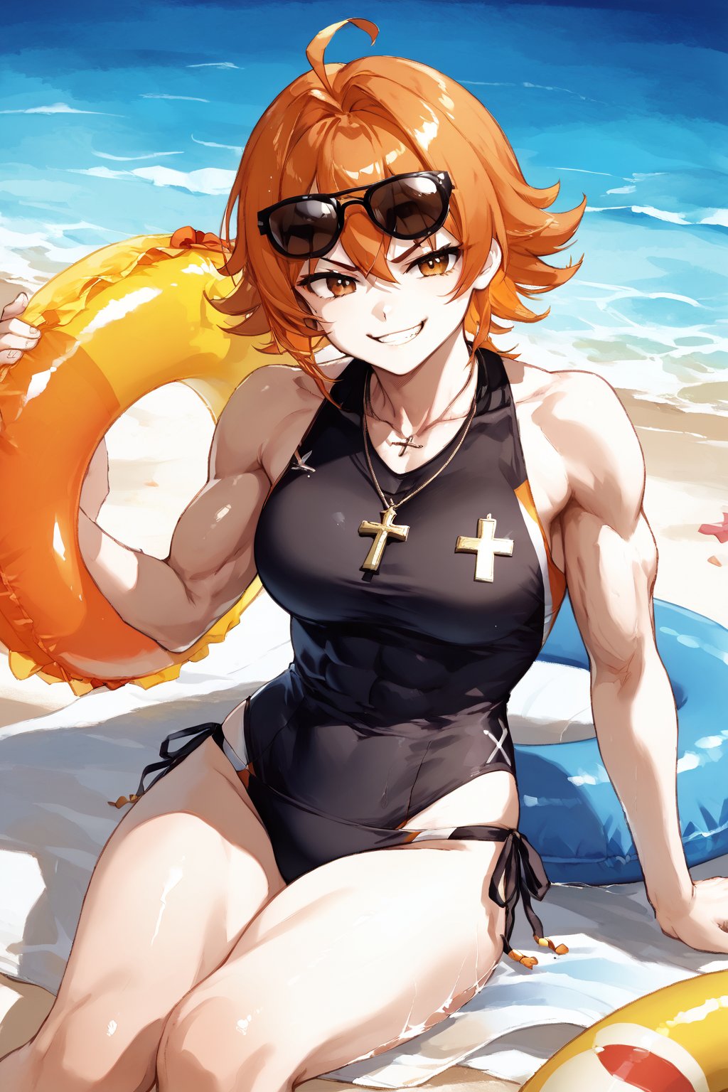 (masterpiece, serendipity), best quality, yoneyama mai, light watercolor painting, painterly, 

solo, Orange hair, Black sunglasses, toothy smile, smug, badass, Cross necklace, black shirt, muscles, on a beach, swimsuit, float, holding a float, beach, 