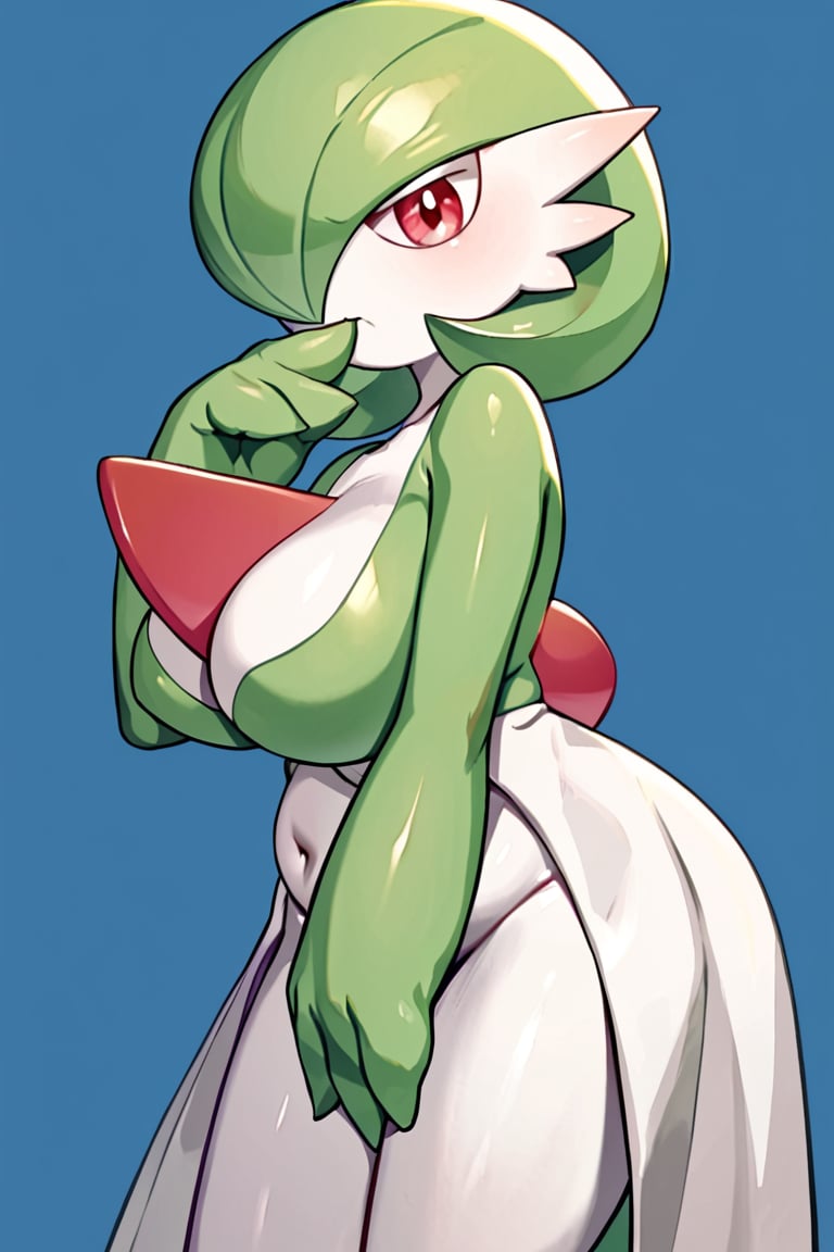 score_9, score_8_up, score_7_up, 1girl, gardevoir, arm_at_side, blue_background, bob_cut, closed_mouth, request_comment, Gardevoir, chubby, Voluptuous, would be, bored, eyes half closed, red eyes, , side_view, green_hair, green_skin, hair_over_one_eye, hand_on_mouth, hand_up, looking_at_viewer, one_eye_covered, biased_comment, pokemon_(creature), short_hair, alone, standing, two_tone_skin, white_skin