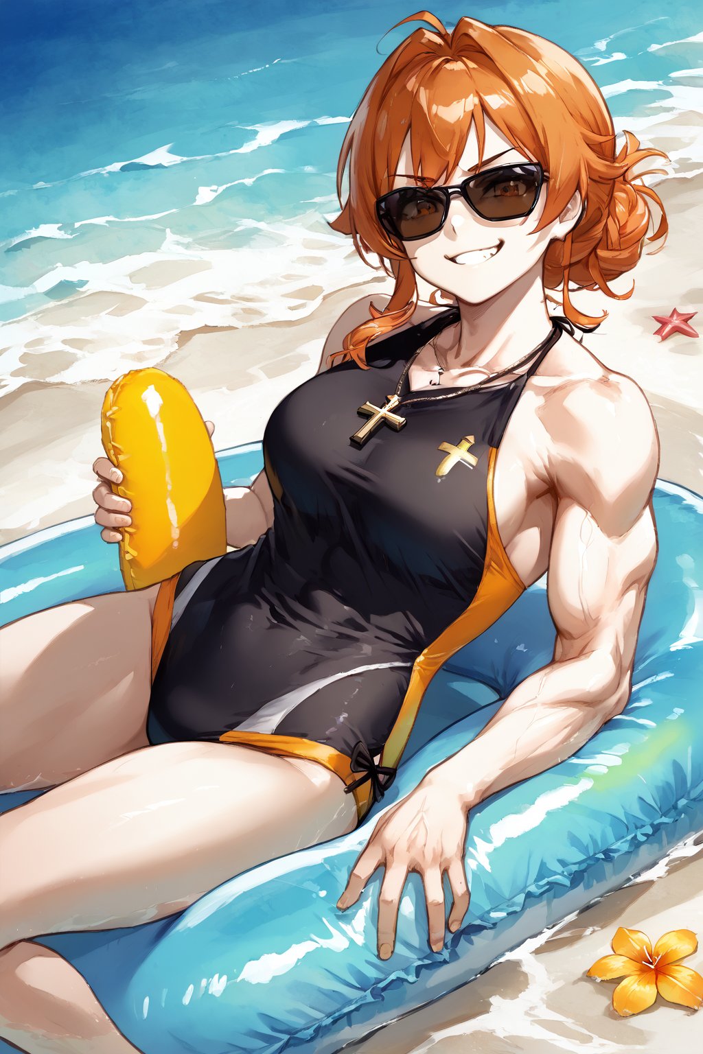 (masterpiece, serendipity), best quality, yoneyama mai, light watercolor painting, painterly, 

solo, Orange hair, Black sunglasses, toothy smile, smug, badass, Cross necklace, black shirt, muscles, on a beach, swimsuit, float, holding a float, beach, 