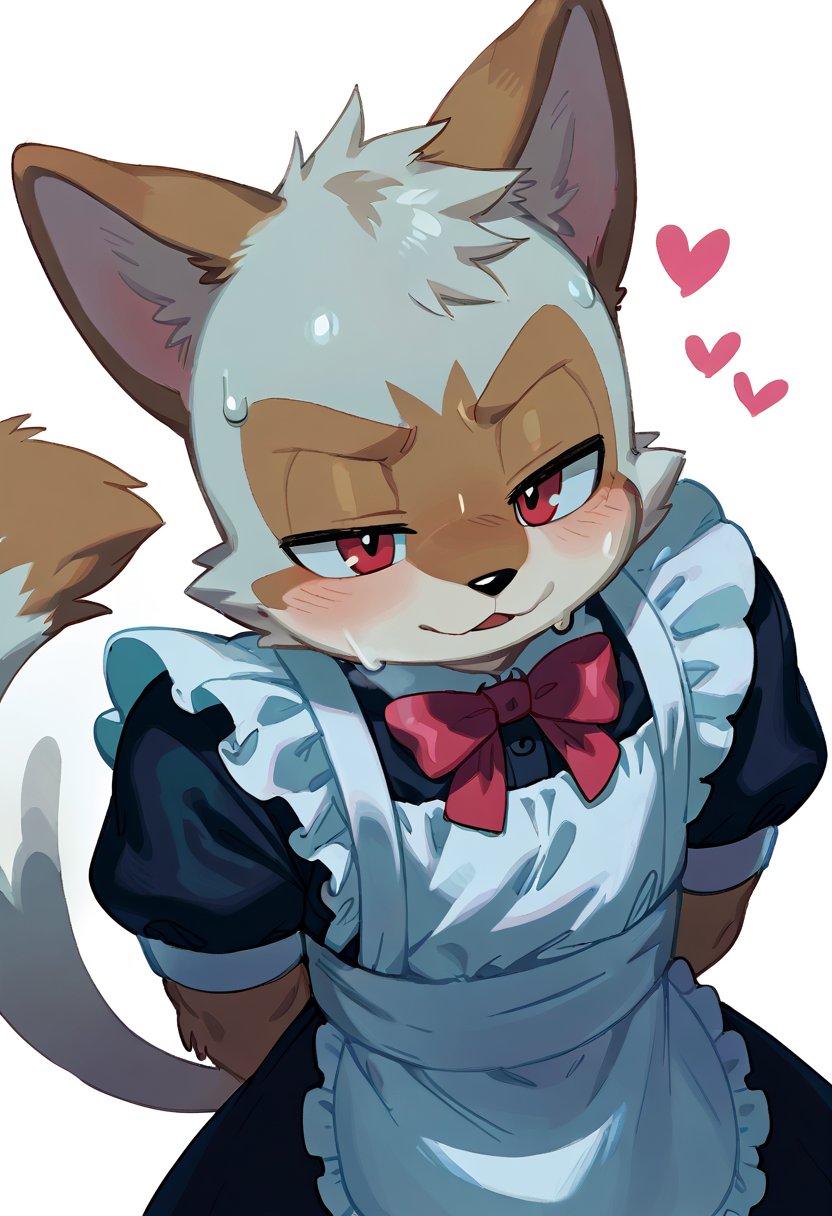 Shadow is wearing a maid clothes and white stockins, 1boy, furry, solo, furry male, male focus, heart, white background, simple background, male, sweat, Scenery, 