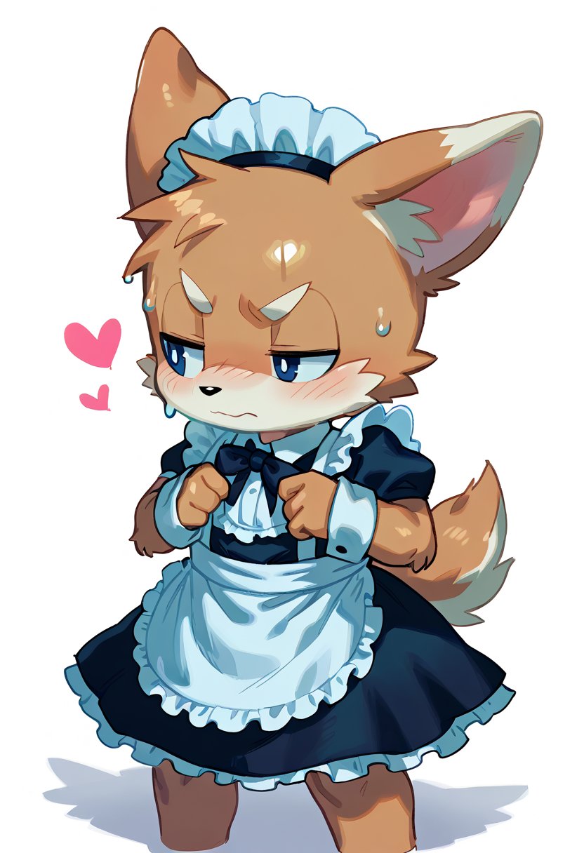 Shadow is wearing a maid clothes and white stockins, 1boy, furry, solo, furry male, male focus, heart, white background, simple background, male, sweat, Scenery, 