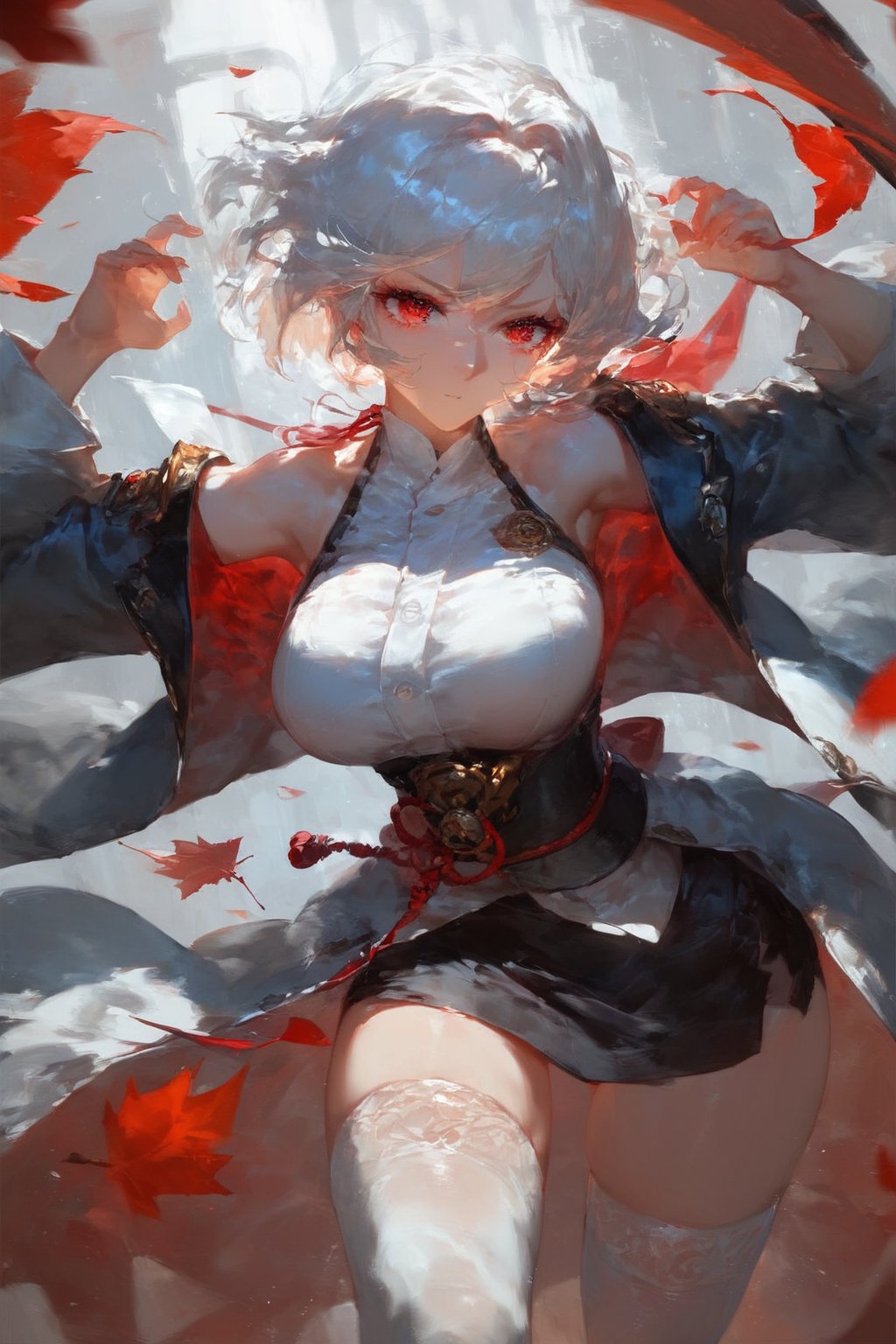 (score_9,score_8_up,score_7_up),best quality, expressive eyes, perfect face, girl with short white hair and red eyes, wearing a white cardigan, jacket under her shoulders, black office skirt, fashion eyelashes, sword

Standing, combat pose, beautiful eyelashes, red leaves around, samurai position, long sleeves, halterneck, white dress, white thighhighs, (solo_forced)