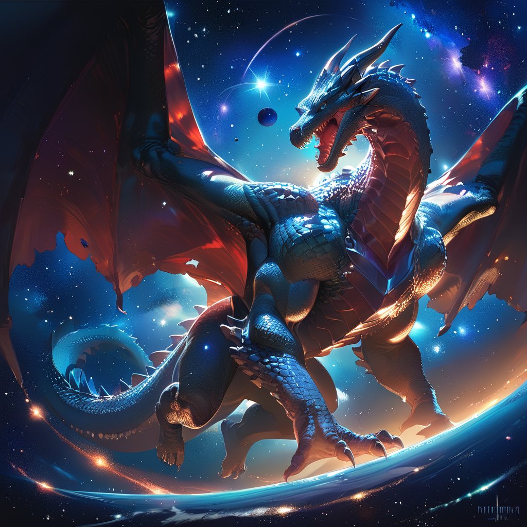 score_9, score_8_up, score_7_up, Yugioh style, black dragon, Dark blue eyes, deep space around, stars around, purple bioluminicencia on chest, stars drops on body, sharp teeth, dynamic angle, detailed Background, full body, Strong, Big wings, muscular,