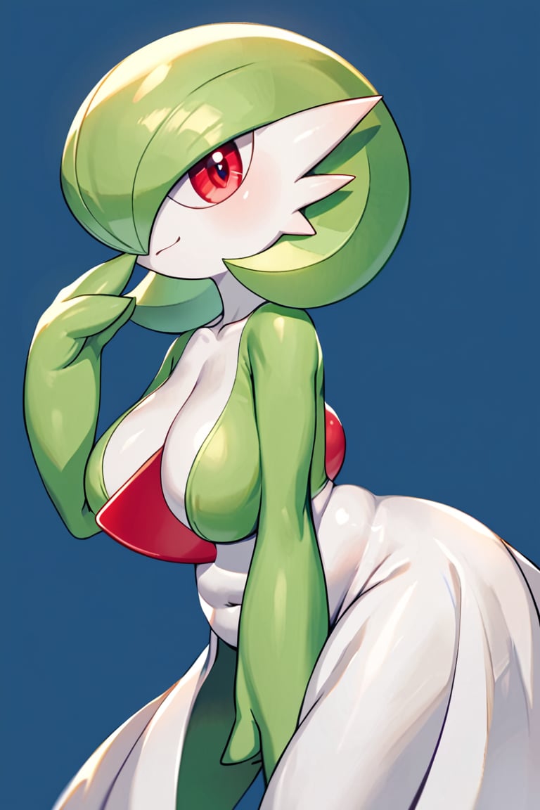 score_9, score_8_up, score_7_up, 1girl, gardevoir, arm_at_side, blue_background, bob_cut, closed_mouth, request_comment, Gardevoir, chubby, Voluptuous, would be, bored, eyes half closed, red eyes, , side_view, green_hair, green_skin, hair_over_one_eye, hand_on_mouth, hand_up, looking_at_viewer, one_eye_covered, biased_comment, pokemon_(creature), red_eyes, short_hair, smile, alone, standing, two_tone_skin, white_skin