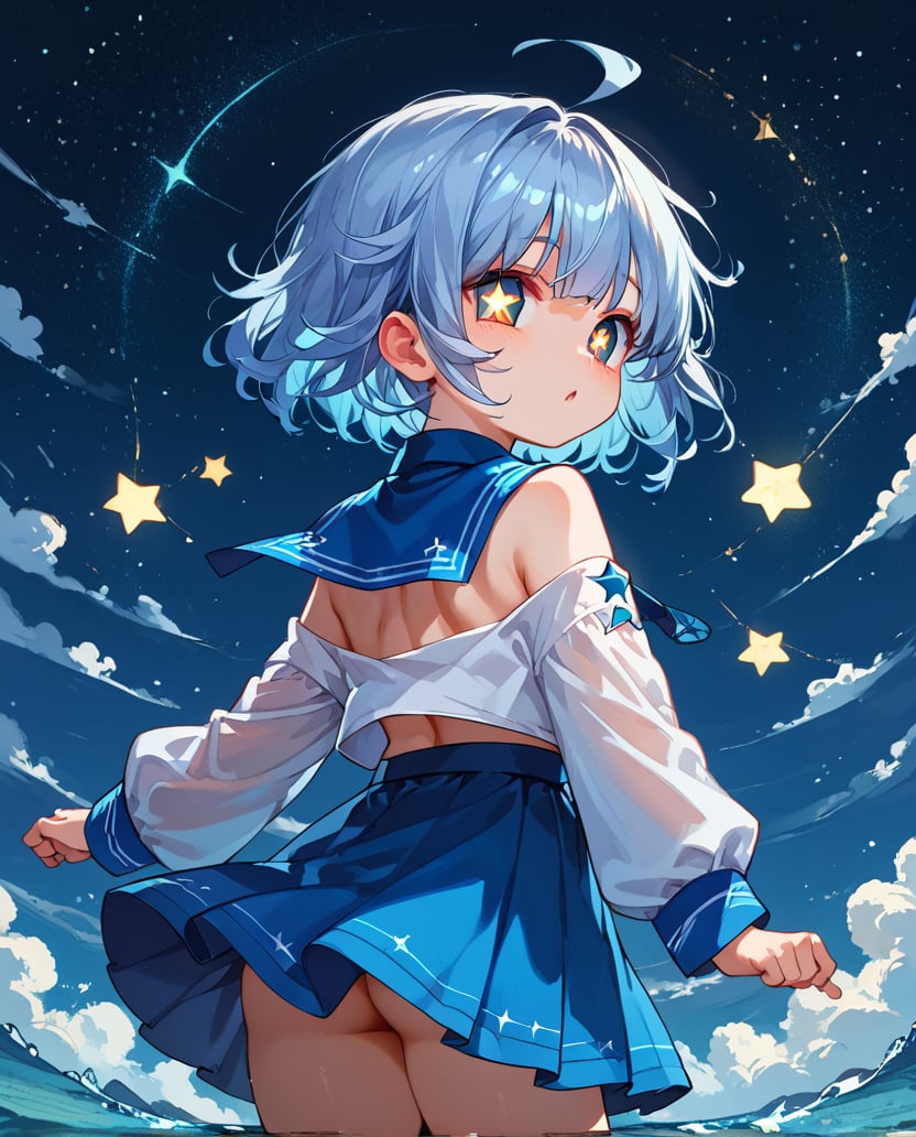 score_9,score_8_up,score_7_up,source_anime,
Back view,,child,suspender skirt,{{{{{{silver blue hair}}}}}, (((Star shaped pupil)))