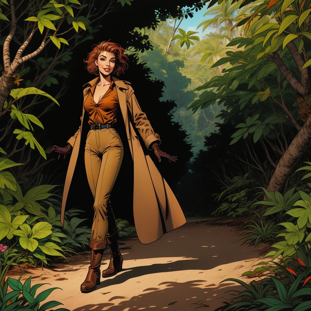 a woman, 30 years old, slim body, slim legs, short red hair, brown eyes, large breasts, green long coat, brown shirt, black trouser, black boots, black gloves, walking, middle open her mouth, Perspective view, muted color, lush tropical rainforest with vibrant flora, attractive, sandy lighting and composition, 2d comic style