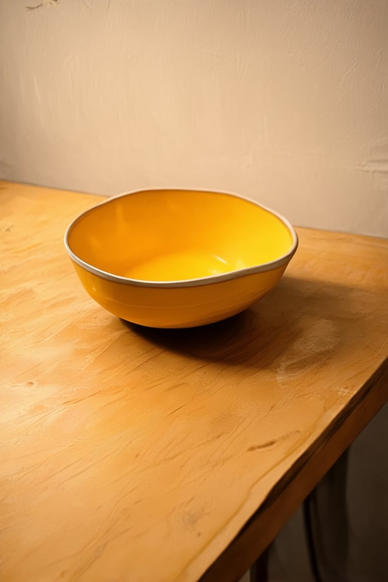 A vibrant yellow Hakame,  a traditional Japanese tea ceremony utensil,  sits elegantly on a worn wooden table against a wa...
