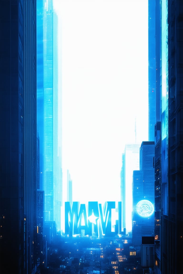 A vibrant, electric blue glow illuminates the Marvel logo against a darkened cityscape, with towering skyscrapers and bustling streets faintly visible in the background. The bright color scheme pops against the urban landscape, symbolizing innovation and excitement.