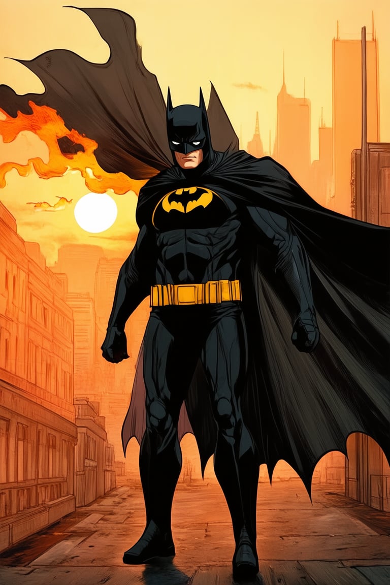 A gritty urban landscape with a cityscape in the background, bathed in a warm orange-yellow light of a setting sun. In the foreground, Batman stands tall, his iconic cowl and cape billowing in the wind. He gazes out at the metropolis he's sworn to protect, his eyes burning with determination.