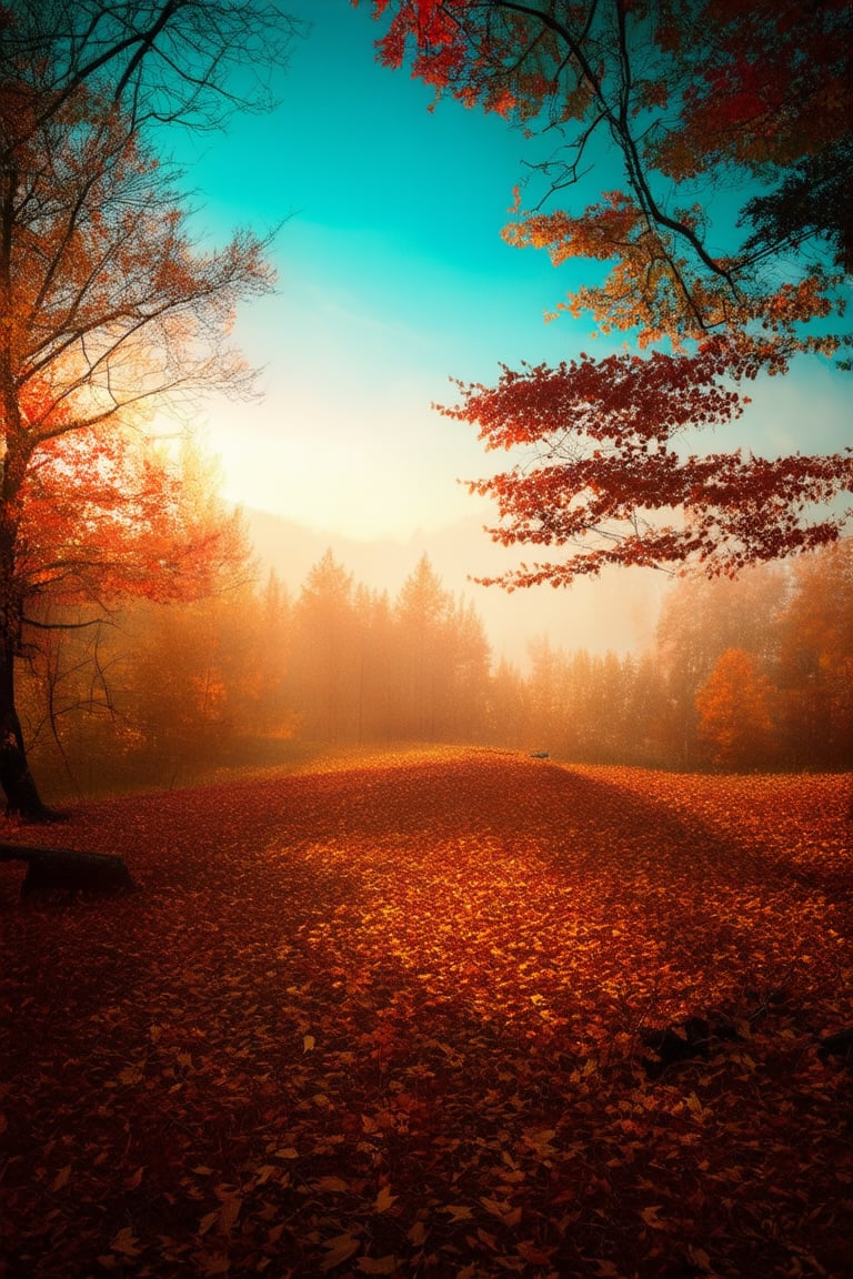 A serene autumn landscape: a warm golden light casts long shadows across crunchy leaves of amber, crimson, and honey hues, scattered beneath a tranquil forest canopy. A lone tree stands tall, its branches etched against the cerulean sky, as a gentle mist settles upon the rustic terrain.