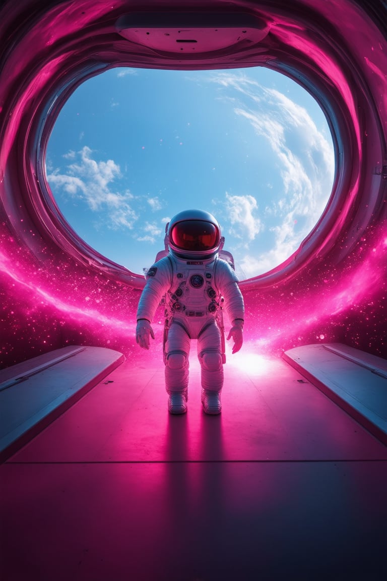 Render a futuristic 3D space with a predominantly pink hue. A sleek, silver spacecraft glides effortlessly through the swirling vortex of hot pink gas and particles, its metallic surface reflecting the vibrant colors. The composition is framed by a circular window on the ship's command center, where a lone astronaut in a white jumpsuit gazes out at the mesmerizing view, hands gripping the edge of the console.