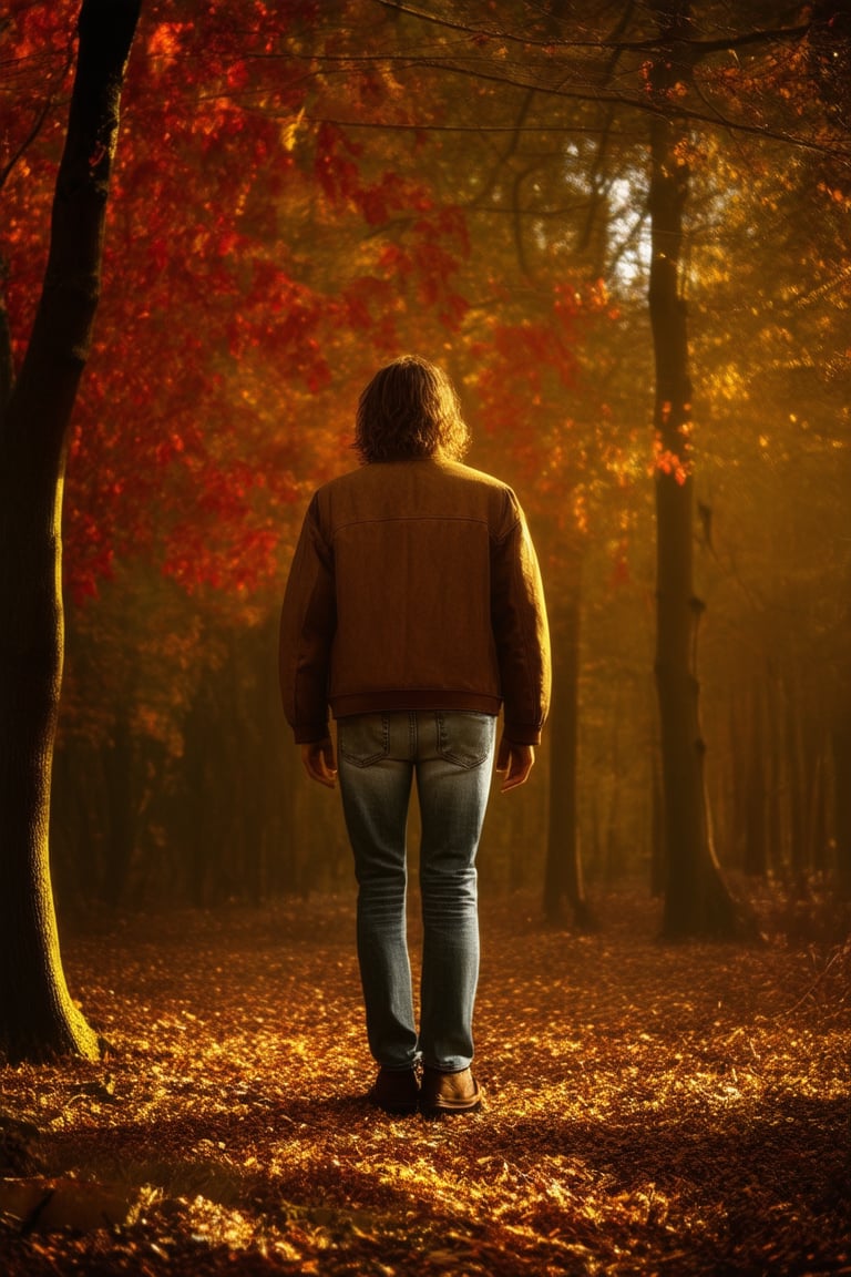 Golden light filters through the rustling leaves as a lone figure stands in the midst of a vibrant autumn forest, surrounded by a tapestry of amber, crimson, and honey hues. The subject's worn jeans blend seamlessly with the earthy tones, while their weathered jacket and tousled hair evoke a sense of rustic tranquility.