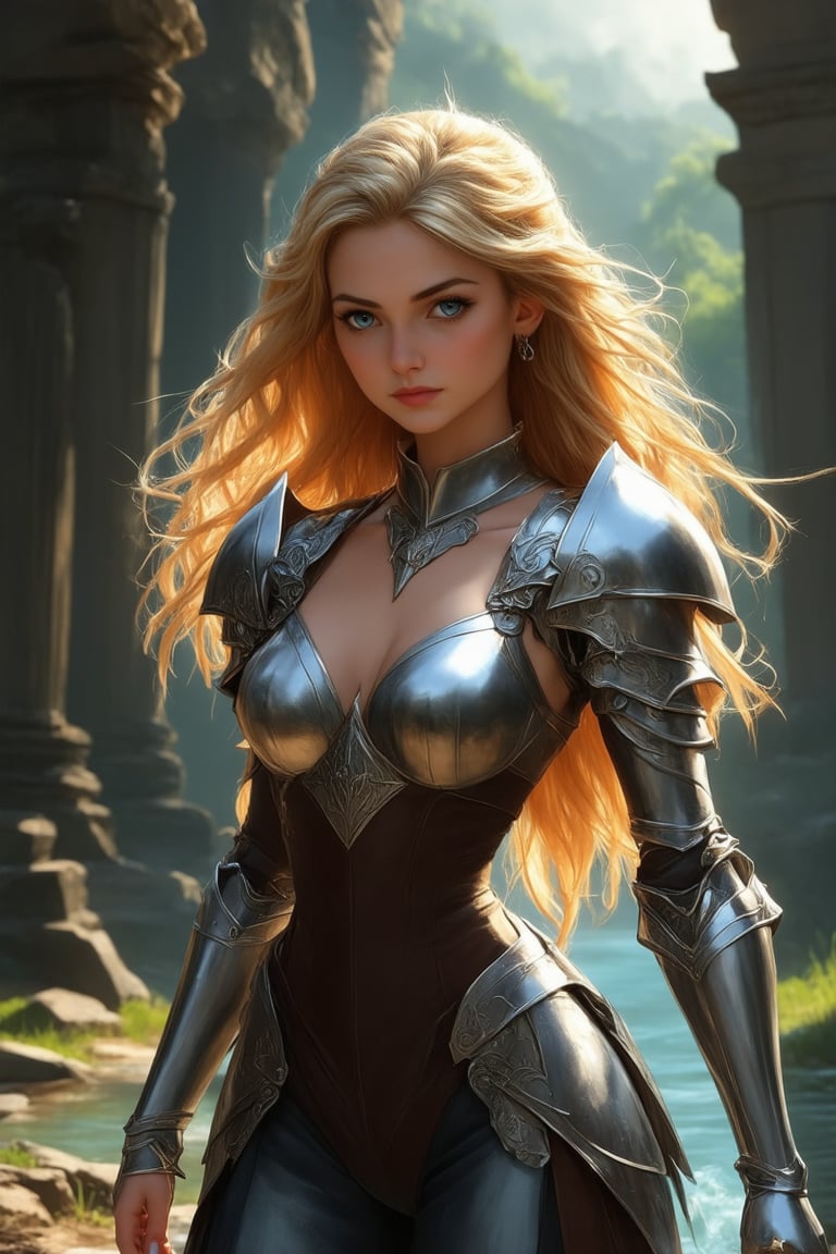 A stunning legend-inspired portrait of a beautiful woman, set against a majestic backdrop of ancient ruins or mystical forests. She stands tall, her golden hair cascading down her back like a river of sunshine, her blue eyes gleaming with an otherworldly intensity. Soft focus and warm lighting accentuate her porcelain skin, while intricate details on her armor-like bodice shine with a subtle sheen. The overall mood is one of regality and mystique, as if she's stepping out of a mythic tale to captivate the viewer.