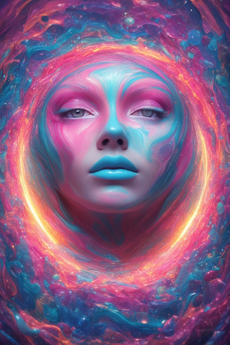 A vibrant 3D rendering of a single colorful face, framed within a circular boundary, with a subtle glow surrounding the edges. Soft, pastel hues dance across the cheeks, nose, and lips, blending seamlessly into a kaleidoscope of colors on the forehead, with bright pink and blue swirling together at the hairline. The subject's eyes sparkle like polished gemstones, shining bright within the sea of color.