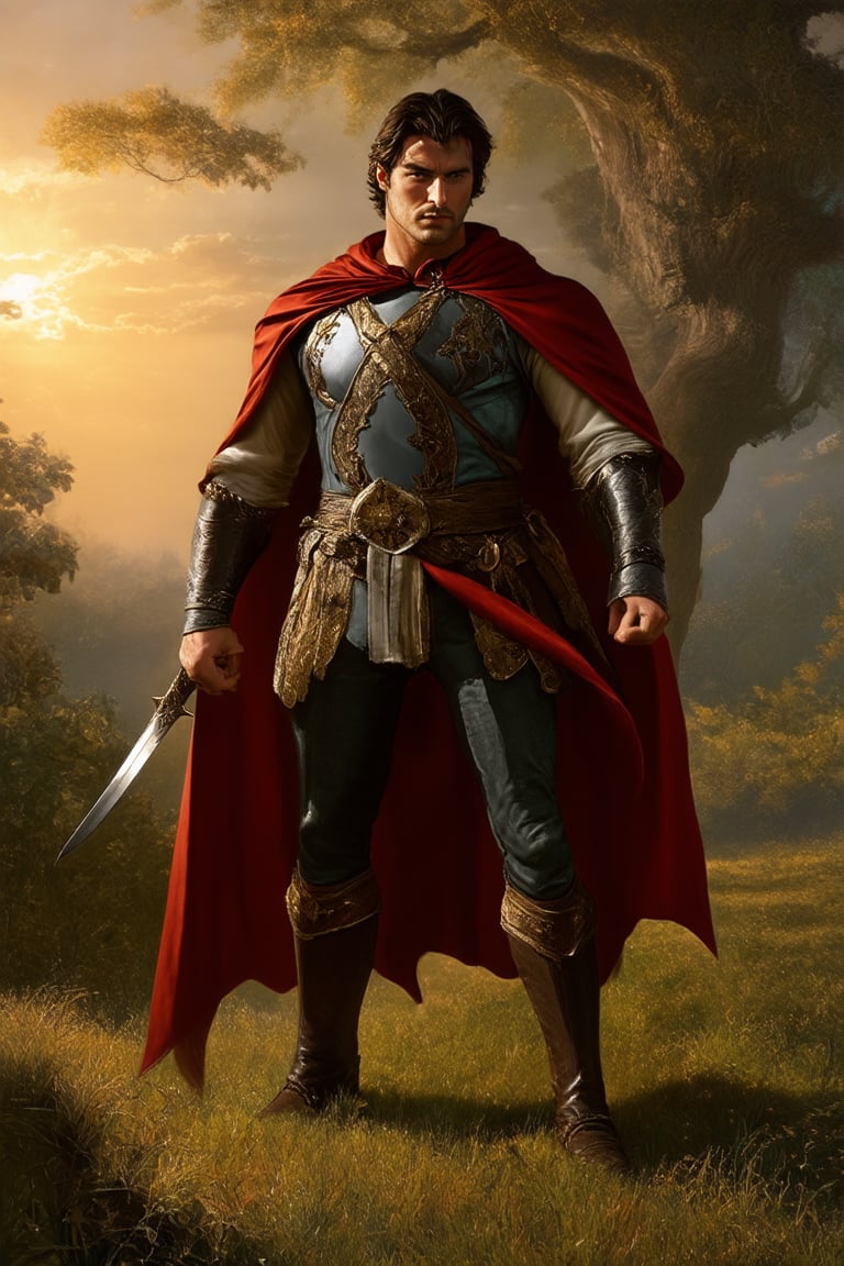 Classic hero, dressed in medieval attire, stands majestically against a warm sunset-lit background, with lush greenery and ancient trees framing the scene. The hero's iconic pose, with sword held high and cape flowing, commands attention amidst soft golden light, with subtle shadows accentuating rugged features.