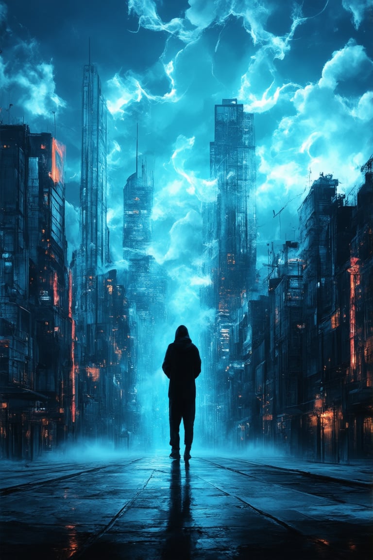 A surreal dreamscape unfolds: a glowing cityscape stretches across the horizon, where towering skyscrapers fade into wispy clouds, and vibrant neon lights dance amidst swirling mist. A lone figure, shrouded in shadows, stands at the edge of this ethereal metropolis, gazing wistfully into the distance, as if beckoned by the secrets whispered on the wind.