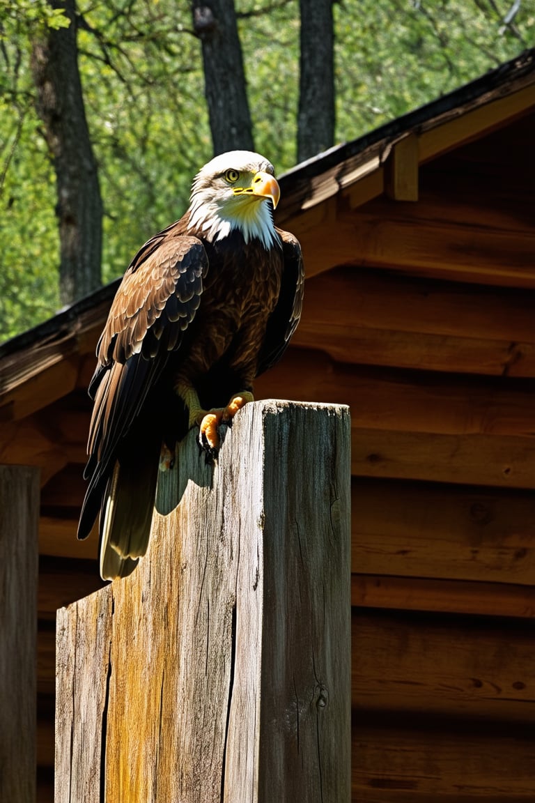 A majestic bald eagle perches atop a weathered wooden beam, its feathers glistening in warm sunlight casting a rustic glow on the rustic cabin's wooden planks. The bird's piercing gaze scans the surrounding woods, its wings spread wide in regal repose.