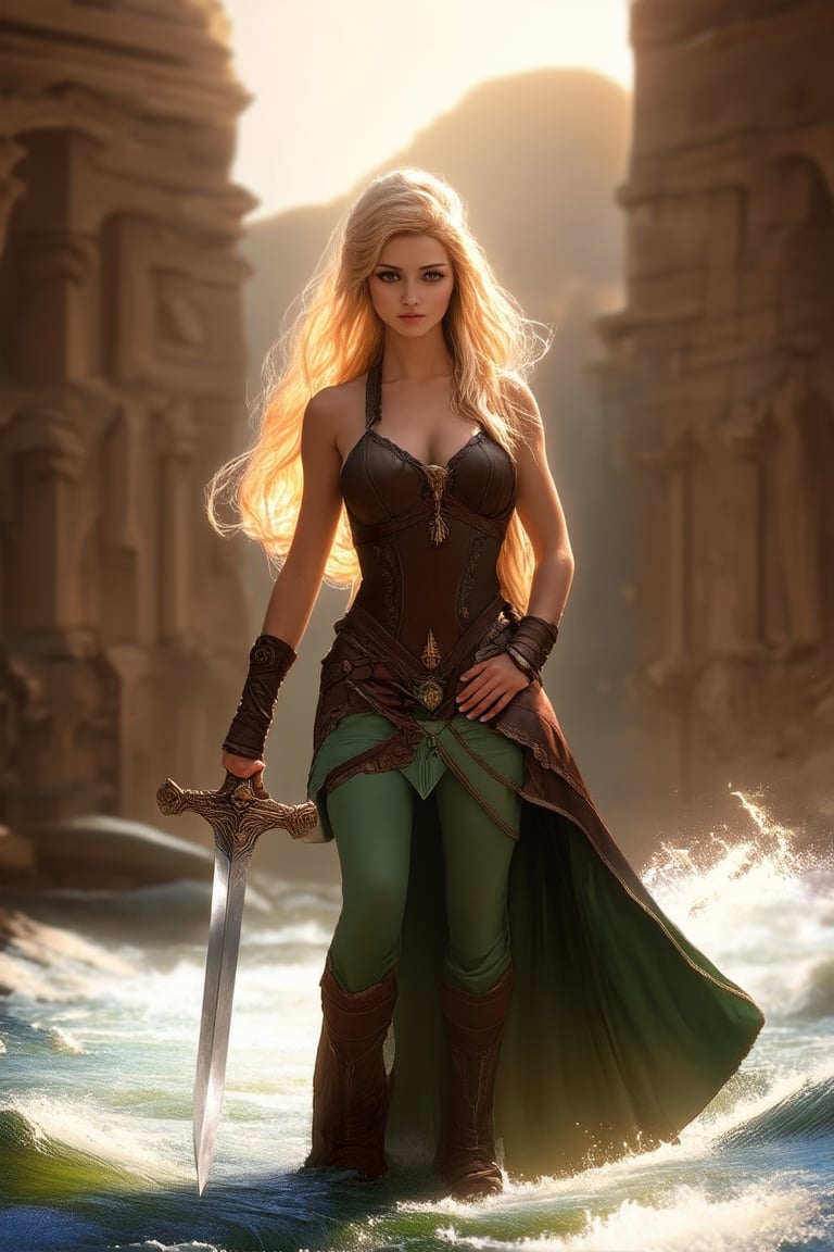 A stunning beauty basks in warm golden light, her long blonde hair cascading down her back like a river of sunshine. She poses confidently, one hand resting on her hip, the other holding a gleaming sword. A medieval legend comes to life as she stands amidst ancient ruins, her regal presence illuminated by a halo of soft focus.