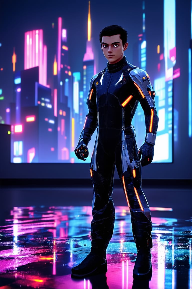 A futuristic cityscape at dusk with neon lights reflecting off wet pavement. A young gamer, dressed in a sleek black and silver jumpsuit, stands confidently in front of a massive screen displaying a virtual world. Their eyes gleam with intensity as they hold a controller, ready to take on the next challenge.