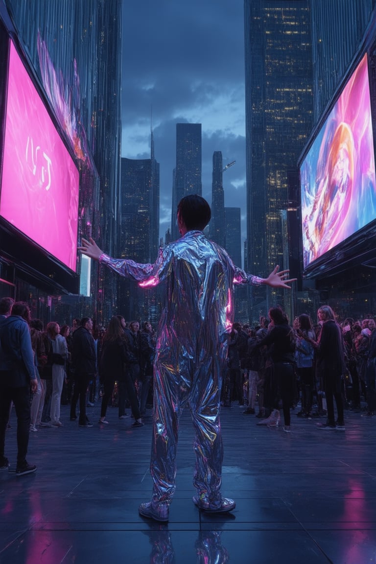 A futuristic cityscape at dusk, with sleek skyscrapers and neon-lit billboards reflecting off a holographic display projected from a city square. The Holo Dyss's ethereal glow illuminates the darkening sky as people of all ages gather around, mesmerized by the swirling colors and patterns. A lone figure stands out, dressed in a metallic jumpsuit, hands extended to interact with the hologram.