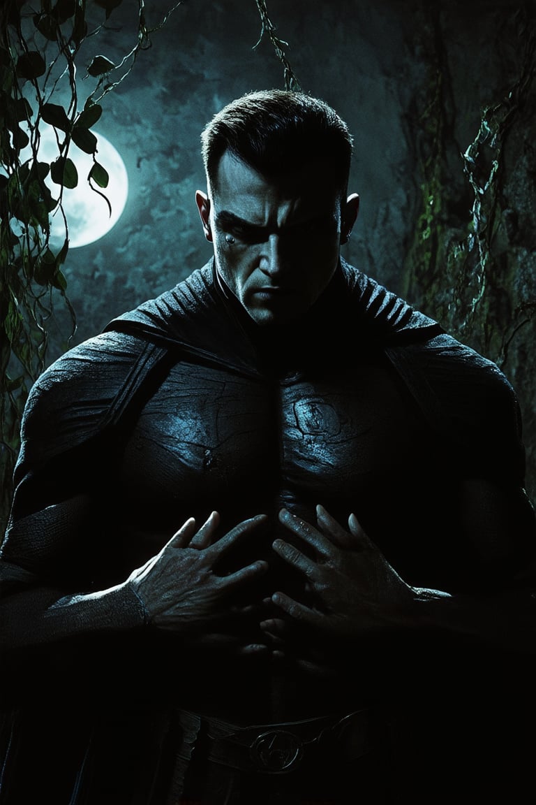 A brooding figure emerges from the shadows, his dark attire blending with the night. A faint moon casts an eerie glow, illuminating the rough-hewn features of a mysterious hero. His piercing eyes seem to bore into the soul as he stands defiantly, hands clenched at his sides, against a backdrop of crumbling stone and overgrown vines.