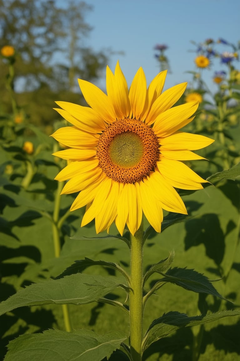 A vibrant yellow hue dominates the frame as a bright sunflower stands tall in a garden filled with lush greenery and soft blue blooms. The warm light of afternoon shines down, casting a gentle glow on the flower's petals, which are slightly curled back to reveal their sunny center. The subject's stem is slender and upright, surrounded by delicate leaves that add texture and depth to the composition.