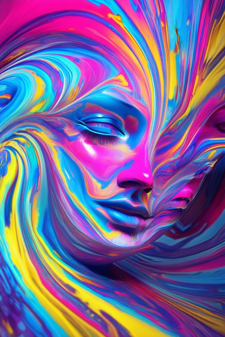 A close-up shot of a 3D digital face with vibrant, swirling colors dancing across its surface. The facial features are rendered in mesmerizing hues of pink, blue, and yellow, giving the appearance of an otherworldly being. Soft, glowing light illuminates the subject from within, casting no harsh shadows as the colors blend and merge in a kaleidoscope effect.