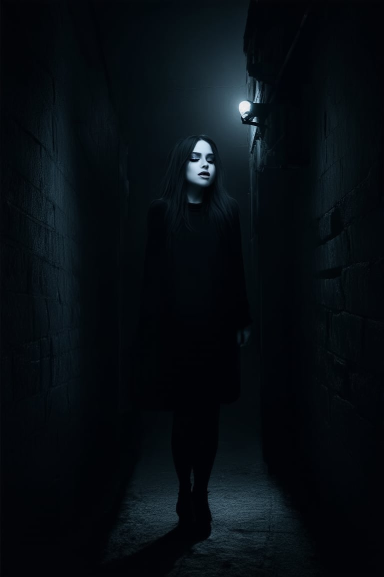 A dark alleyway at night, with only a faint moonlight peeking through the cracks in the walls. The air is thick with shadows, and the subject stands alone, shrouded in mystery. Her porcelain skin glows eerily in the dim light, her features sharp and defined as she gazes out into the darkness.