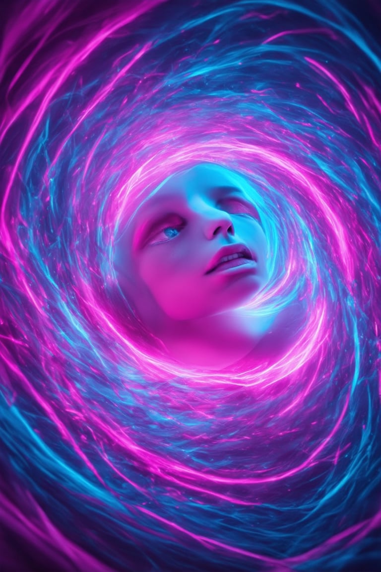 In a vivid, neon-lit 3D environment, a swirling pink vortex dominates the composition, surrounded by wispy tendrils of purple and blue. The camera captures a stunning close-up, with the subject's face aglow in the center of the pink whirlwind. Soft, pulsing lighting casts an otherworldly glow on the subject's features, as they gaze directly at the viewer with a mesmerized expression.