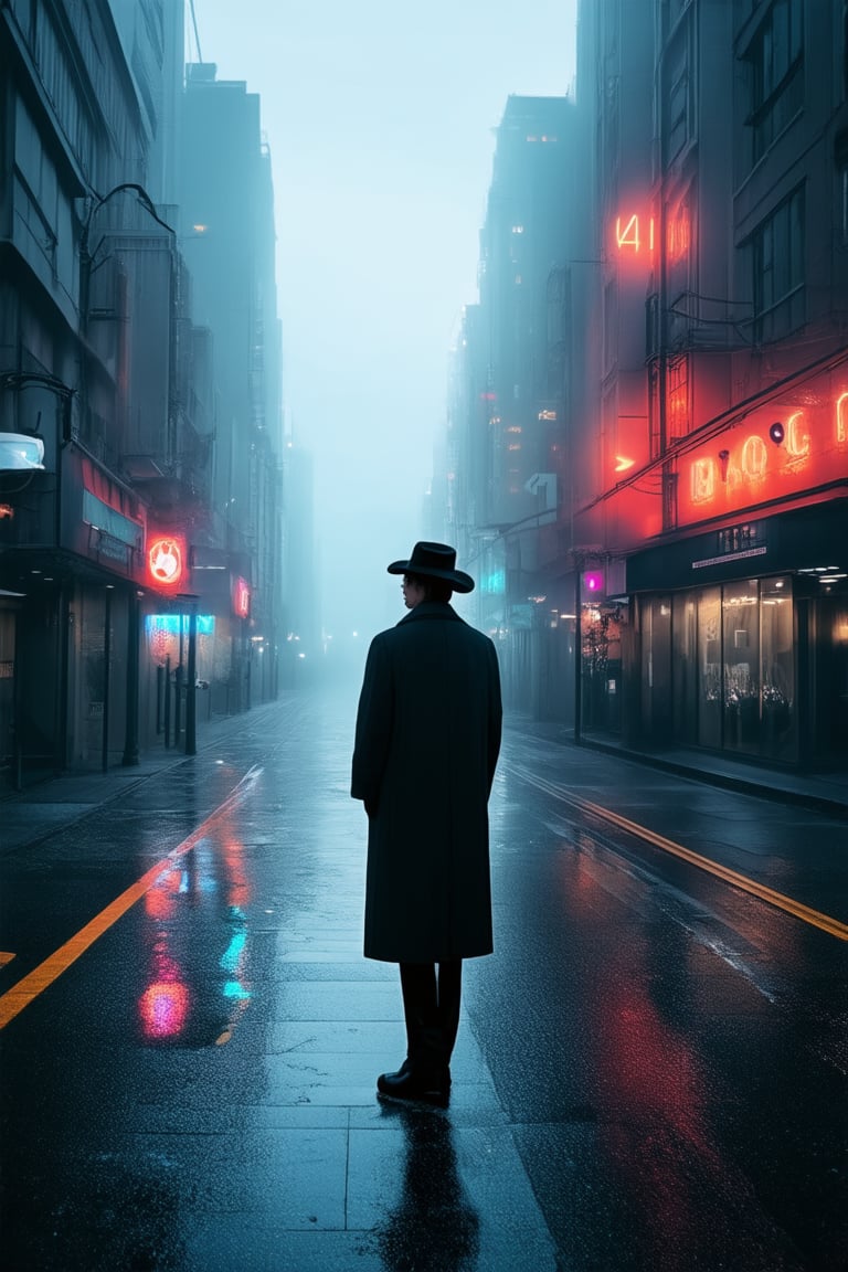 A surreal cityscape at dusk, with neon lights casting a dreamy glow on the wet pavement. A lone figure, dressed in a long coat and fedora, stands at the edge of the frame, looking out into the foggy distance. The air is thick with mist and mystery, as if the city's secrets are about to unfold.