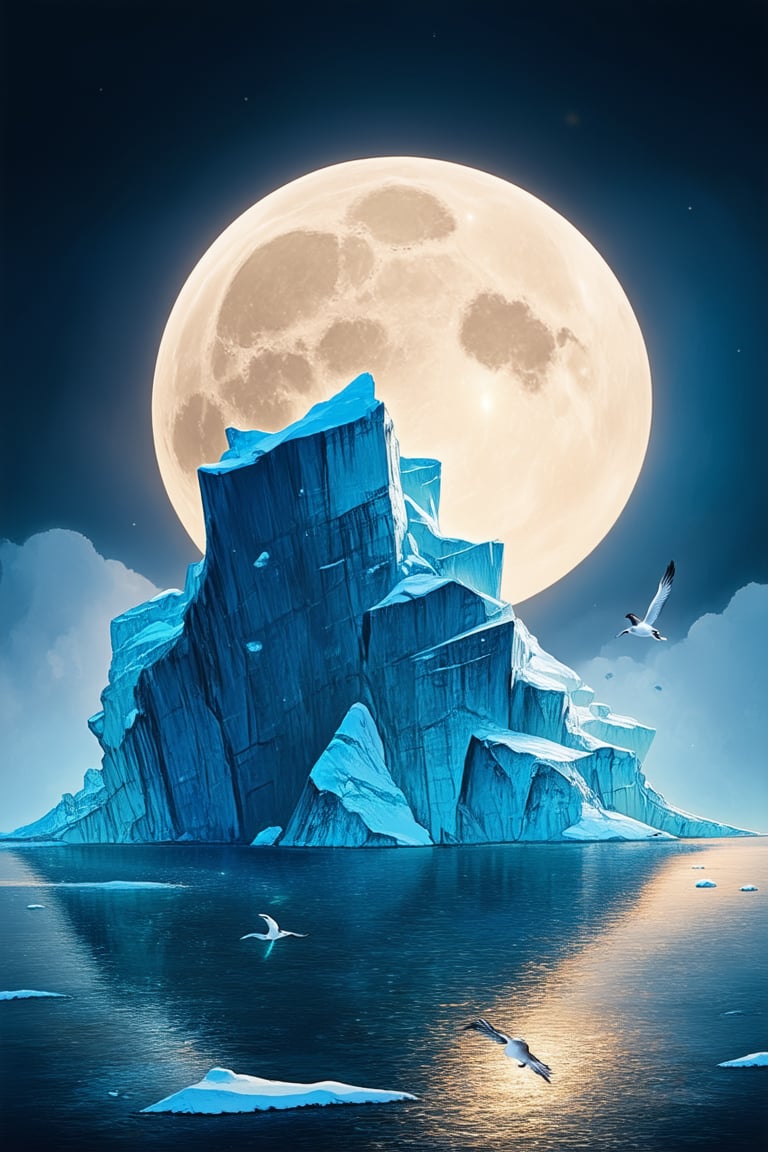 A majestic iceberg rises from a mystical sea, its crystalline walls glistening like diamonds under the soft glow of a full moon. The surrounding water is a deep shade of indigo, with subtle wisps of mist swirling around the iceberg's rugged base. In the foreground, a lone seagull soars overhead, its snowy feathers blending seamlessly with the frosty landscape.