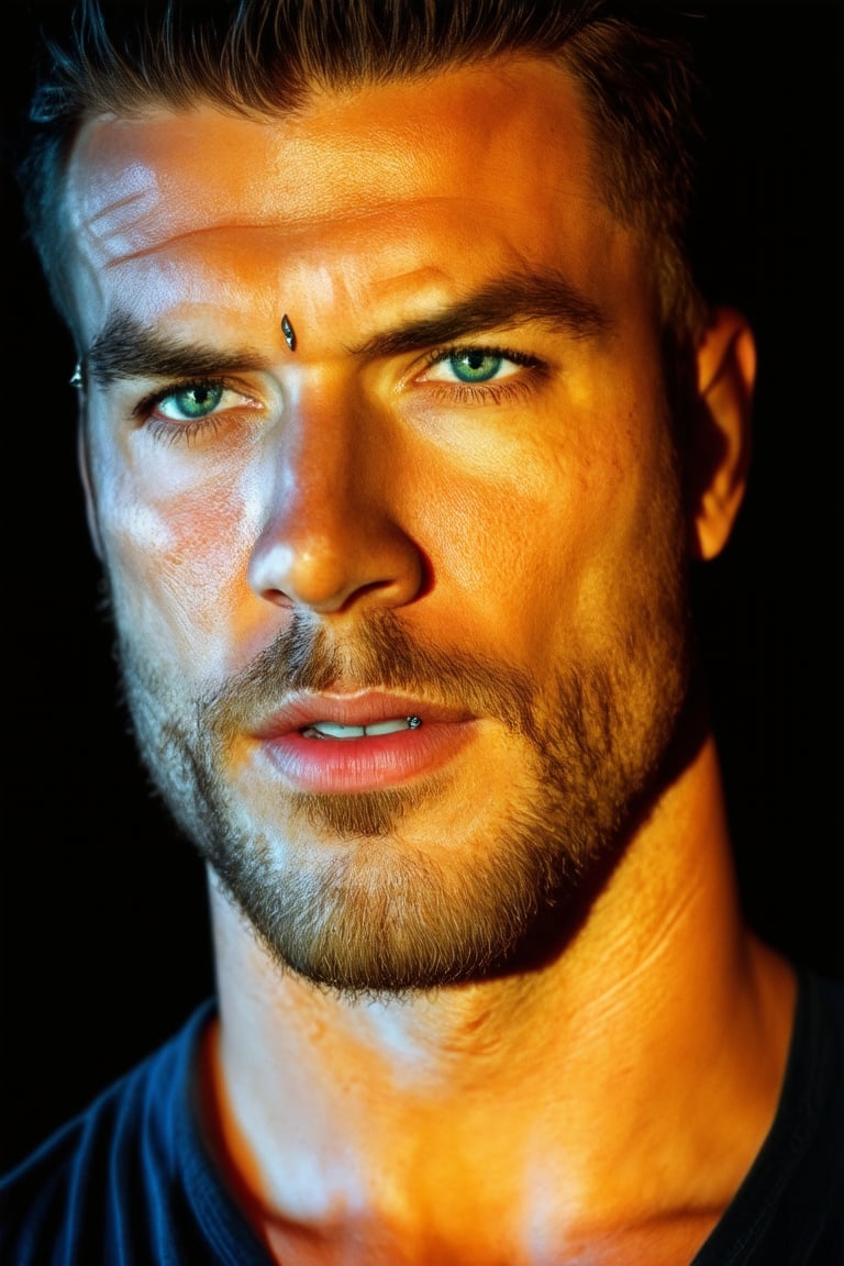 A close-up shot of a ruggedly handsome man with piercing blue eyes and a strong jawline, sporting a trimmed beard and a hint of stubble. His chiseled features are illuminated by soft, golden light, casting subtle shadows on his angular face. The camera focuses on the intensity in his gaze as he looks directly at the viewer.