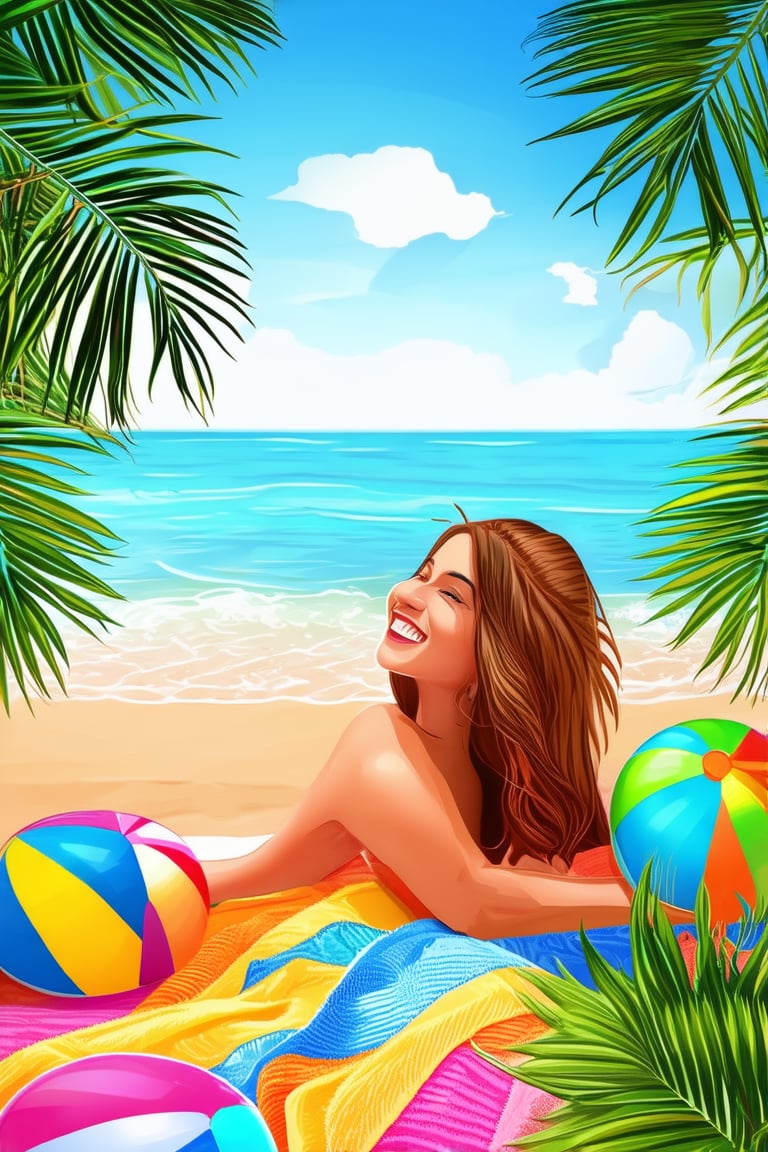 A warm sunshine illuminates a serene beach scene on a languid summer afternoon. Gentle waves caress the shore as a young woman with sun-kissed hair and a bright smile lies relaxed on a colorful towel, surrounded by fluttering palm fronds and vibrant beach balls.