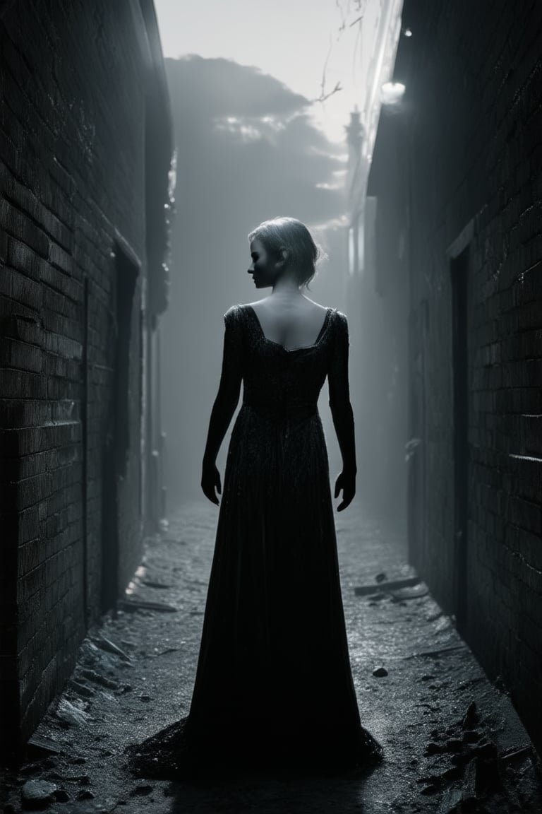 A hauntingly beautiful scene unfolds in a dimly lit, abandoned alleyway at dusk. The atmosphere is heavy with mystery as shadows dance across crumbling brick walls. A lone figure, dressed in a flowing black gown, stands frozen amidst the desolation, her porcelain skin glowing eerily in the faint light.