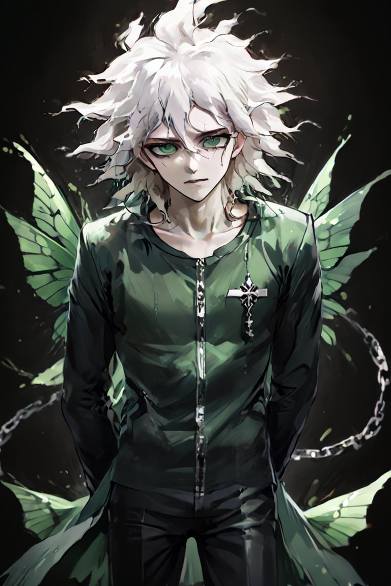 Masterpiece, High quality, best quality, poster of a sexy  Prince, suffering,  burdened by the weight of a crown,  ]  in a  [ ], pissed_off,angry, bodysuit', eye angle view, ,dark anime, nagito_komaeda from danganronpa anime, white hair, green eyes, green butterfly's in backround, wonderland style, full body pic