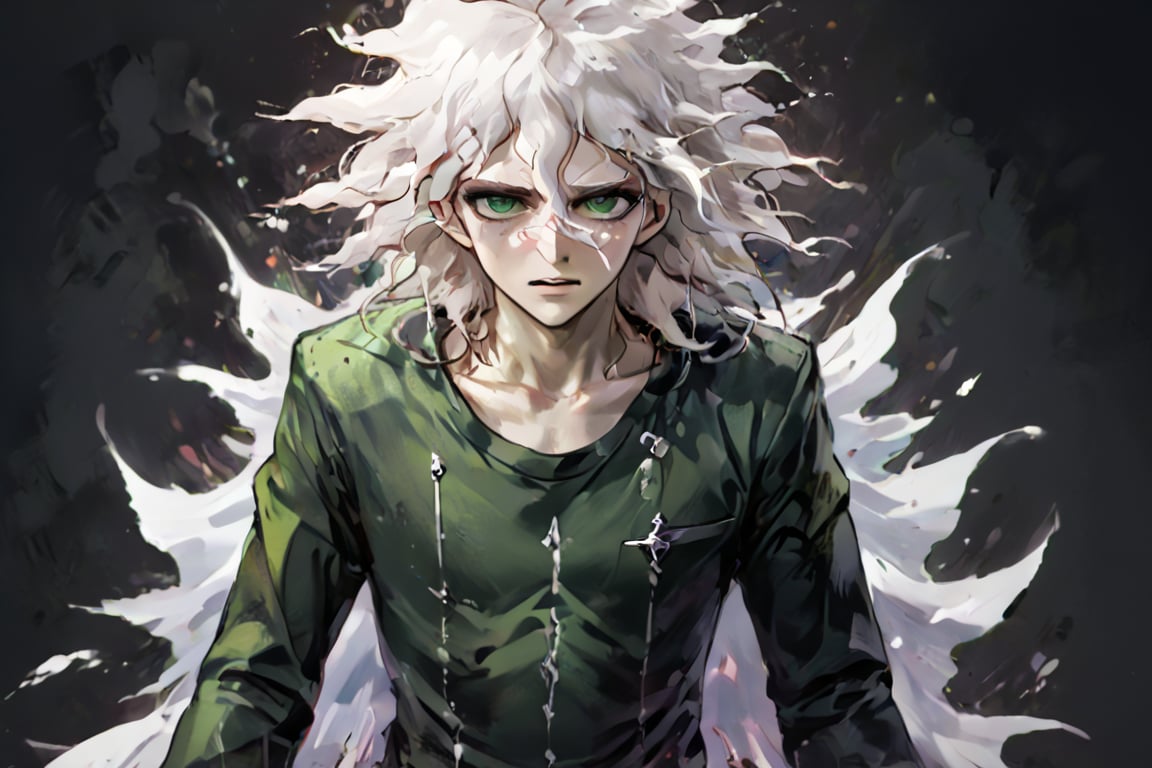 Masterpiece, High quality, best quality,ultra-high resolution, poster of a sexy  Prince, suffering,  burdened by the weight of a crown,  ]  in a  [ ], pissed_off,angry, bodysuit', eye angle view, ,dark anime, nagito_komaeda from danganronpa anime, white hair, green eyes, green butterfly's in backround, wonderland style, full body pic