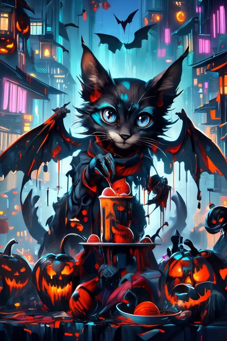 Paint a Black cat, Blue eyed, bat winged cute cat and his owner boy eating  pumpkin ice and eye Ball cream in wonderfull ghost city,  extremely detailed, masterpice, perfect anatomy, utlra-detalied backround, big  pumpkin wings, creepy pumpkins, 1boy, humanoid, vampire, pet owner, smile strawberries, harmony of irregular dissimilarity beauty cat eye,ElectDreDysto,niji,DarkWitch 