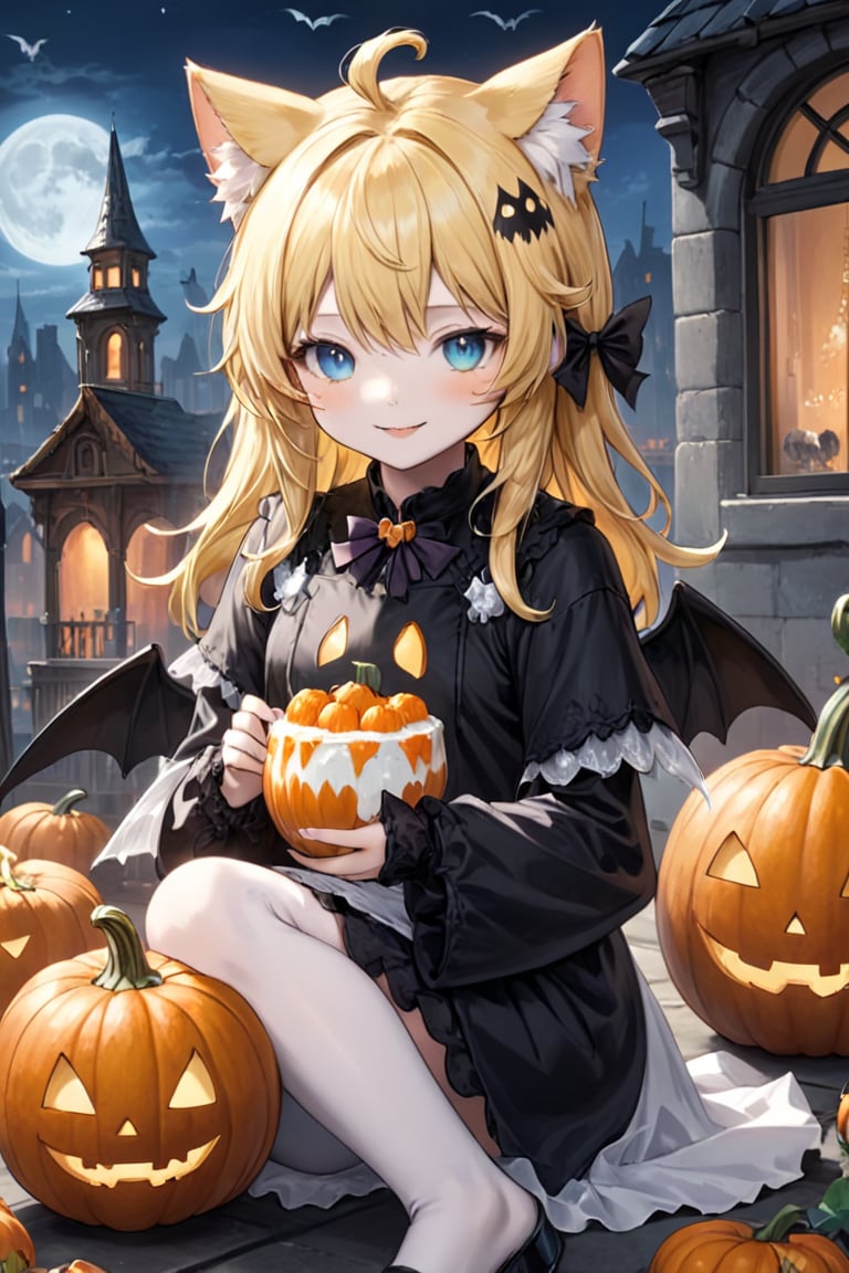 Masterpice, extremely detailed, highest quality, Paint a Black cat, Blue eyed, bat winged cute cat and his owner boy eating  pumpkin ice and eye Ball cream in wonderfull ghost city,  extremely detailed, masterpice, perfect anatomy, utlra-detalied backround, big  pumpkin wings, creepy pumpkins, 1boy, humanoid, nekomimi, vampire, pet owner, smile strawberries, harmony of irregular dissimilarity beauty cat eye, ultra-detailed beautyful   wings,hallow33n,Kengo,yellow hair,hair over eyes,animal ears,paw print on left cheek