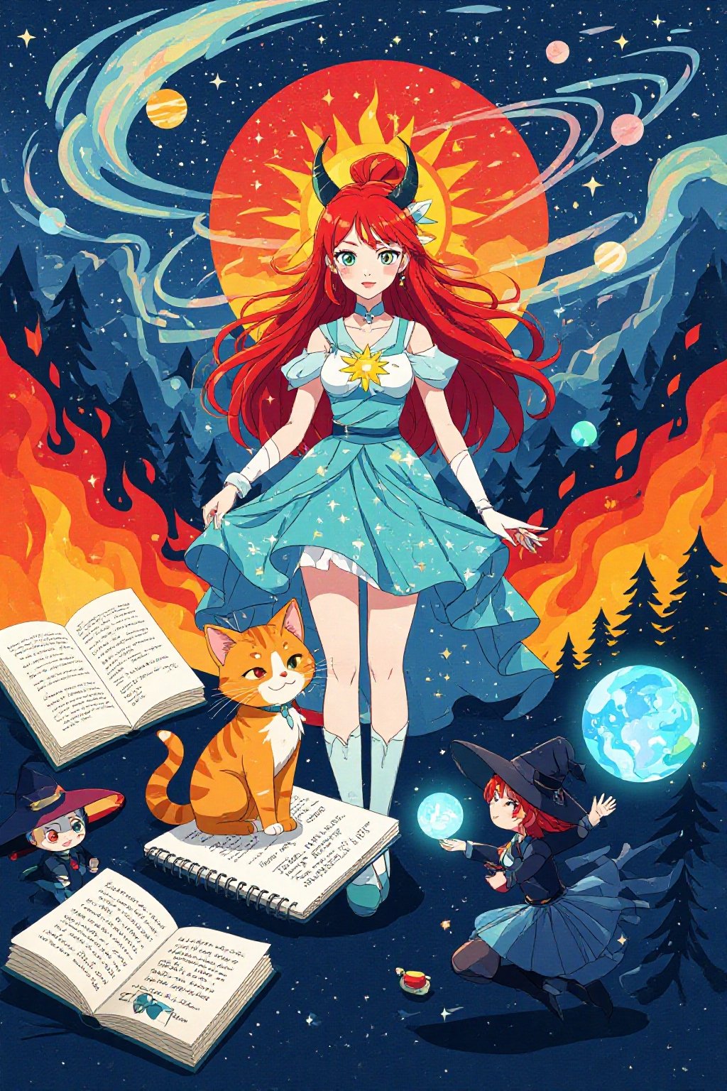 The image shows a small,  orange kitten sitting on a spiral-bound notebook. The kitten is looking down at the notebook,  w...