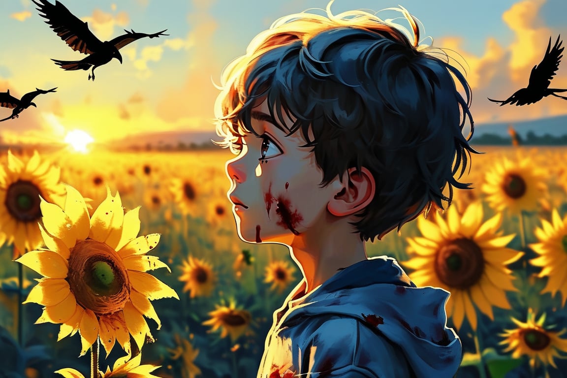 A close up fantastic image of a boy containing the entire galaxy inside of his,  as he stands in a bloody sunflower field...
