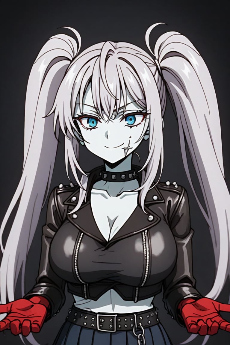 one girl named Alya bloody white color skin,long silver twintail hair,_blue_eyes, i,wearing  Black rock band bloody top, big boobs, faded black  nini skirt, and a spike leather jacket with heavy metal. From a dark background, red hands reach out for her from everywhere. The girl has a strange, crazed laugh on her face.Studded collar around the neck.
patches,alya_imoto,,Beautiful eyes,Eyes, ribbon,Alya Kujou,school uniform, chains, cage,Dragon