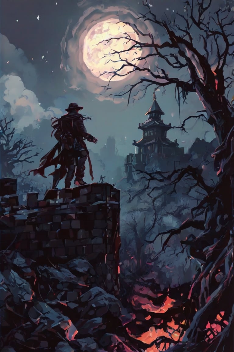 A dark and foreboding scene unfolds: a lone figure, dressed in rugged attire, stands atop an ancient castle wall overlooking a dense forest. He grips a sawed-off shotgun with macho confidence. In the distance, a demonic presence lurks amidst the trees, its ethereal glow illuminated by the full moon's silvery light. A faint aura of death hangs heavy in the air as the sound of children's screams echo through the darkness, muffled and distant.