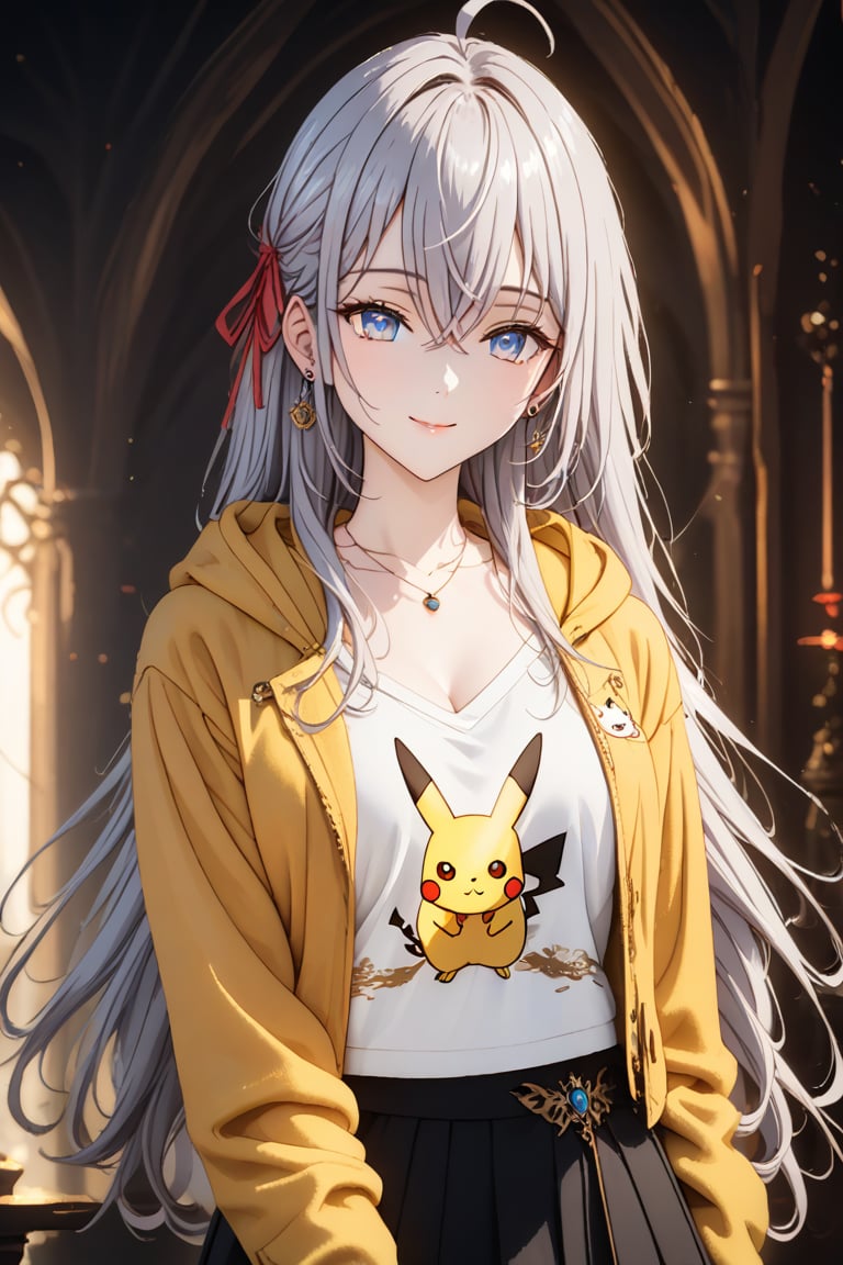 Beautiful, soft light, (beautiful and delicate eyes), very detailed, pale skin, big smile, (long hair), dreamy, medium chest, female 1, ((front shot)), bangs, soft expression, height 170, elegant , Bright smile, 8k art photo, photorealistic concept art, realistic, person, small necklace, small earrings, fantasy, jewelry, shyness, dreamy soft image, masterpiece, ultra high resolution, skirt, shirt, jacket, color , (both eyes (He gently closes his eyes, raises his head slightly, and appears absorbed in pleasant thoughts),dragon, long hair, hair ribbon,alisa mikhailovna, grey hair, blue eyes, crossed bangs, red ribbon,PIKACHU \(PIKACHU\), CHARACTER PRINT, YELLOW HOODIE,PIKACHUCOSPLAY, ahoge